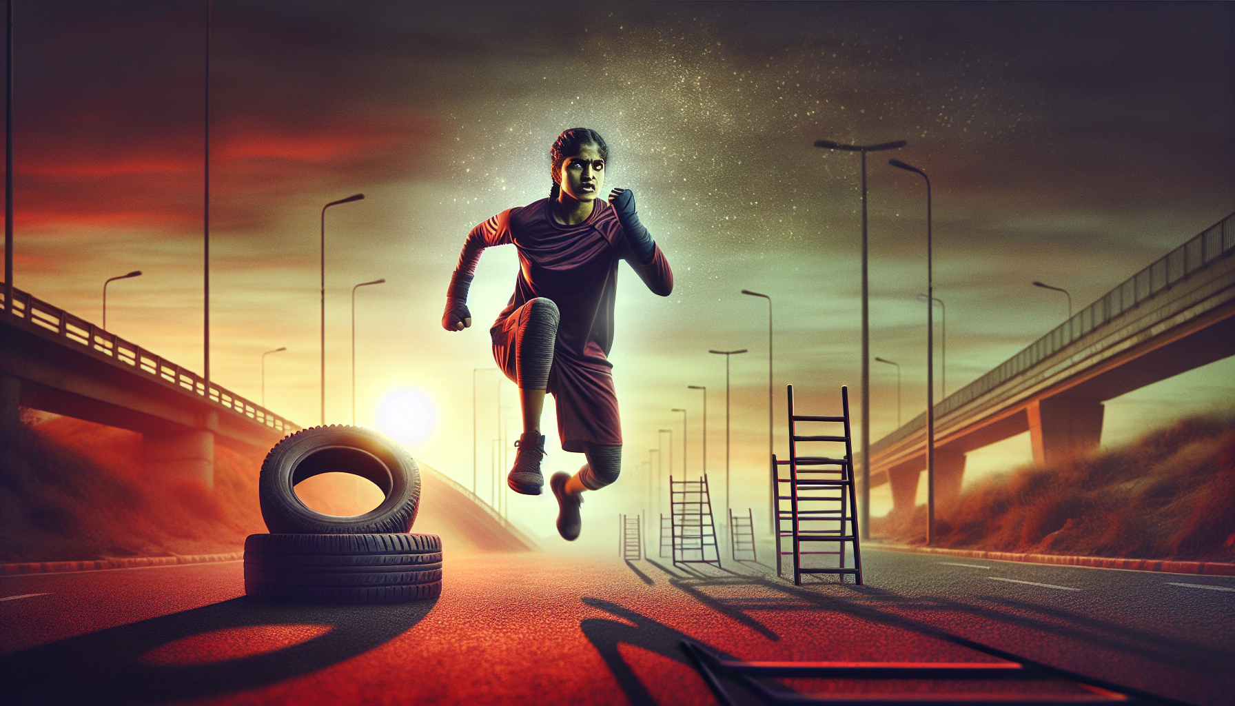 A person running through an obstacle course on an empty road at sunset.