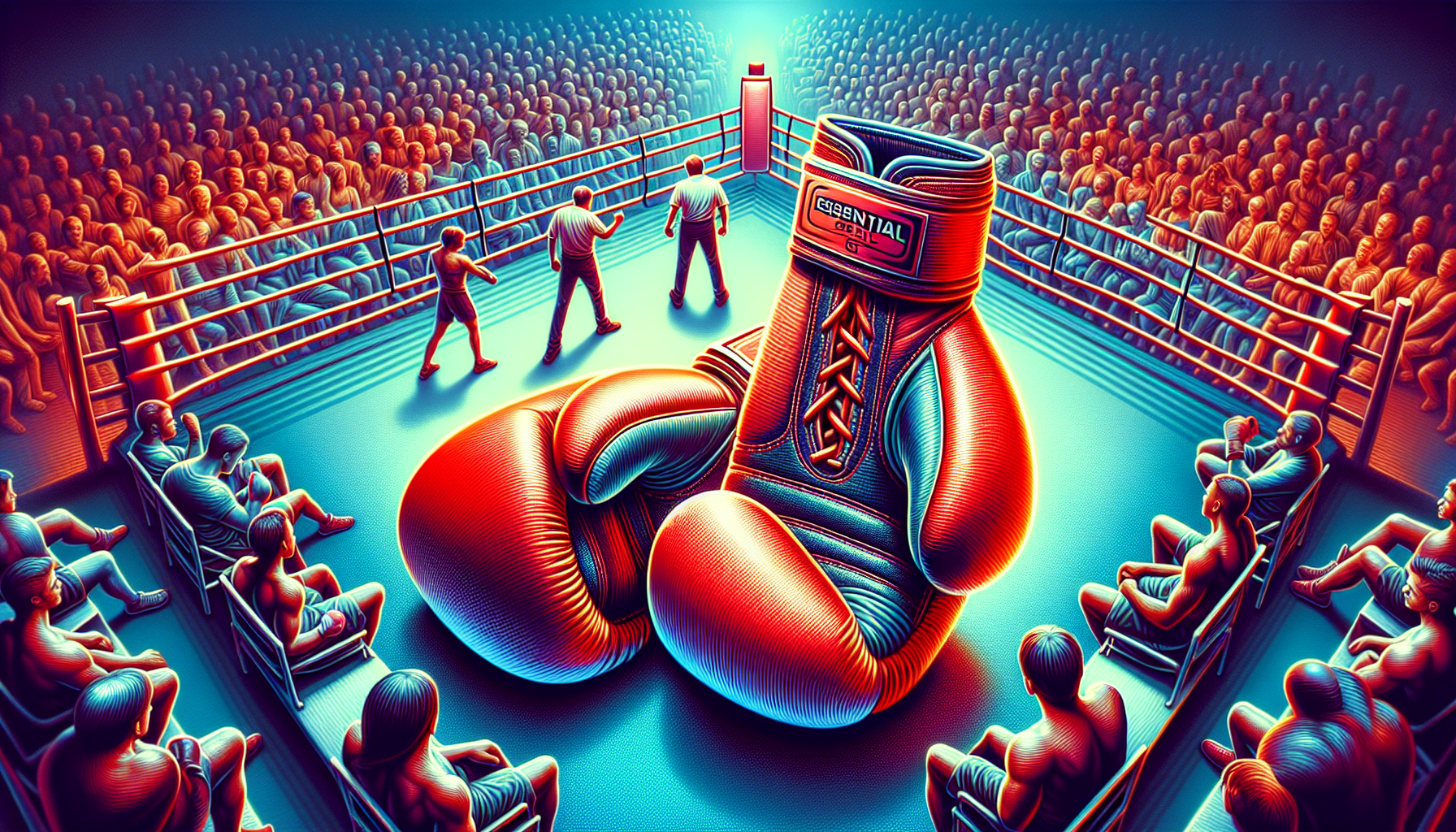 Illustration of a giant boxing glove in a ring surrounded by a crowd with a neon, retro-futuristic vibe.