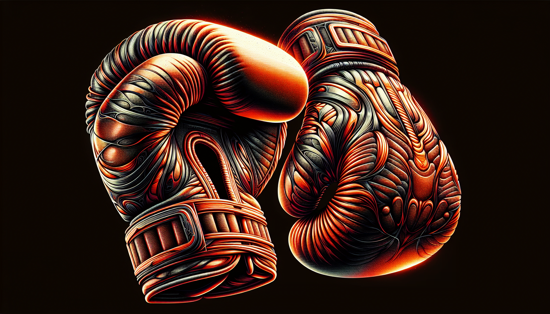 Illustration of a pair of boxing gloves with intricate patterns on a dark background.