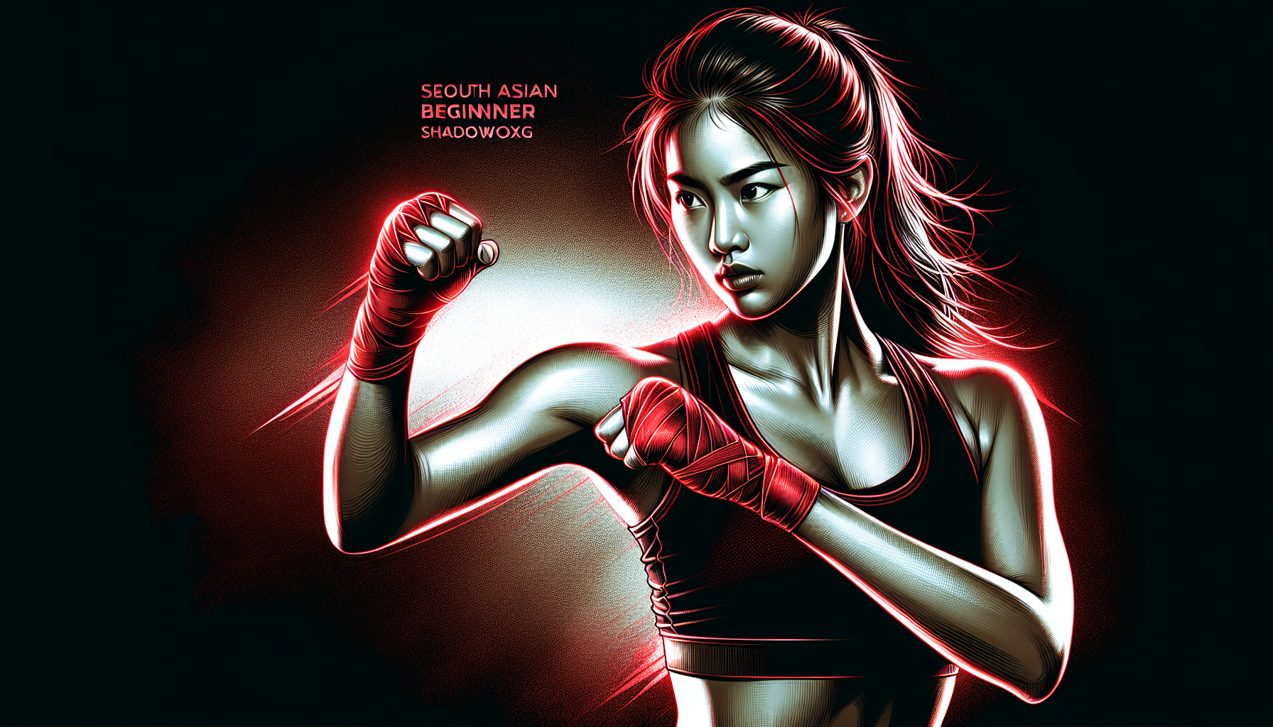 Illustration of a stylized female Asian boxer in red gloves posing with a determined expression against a dark background with red accents and the text "Seoul Asian Beginner Shadowbox."