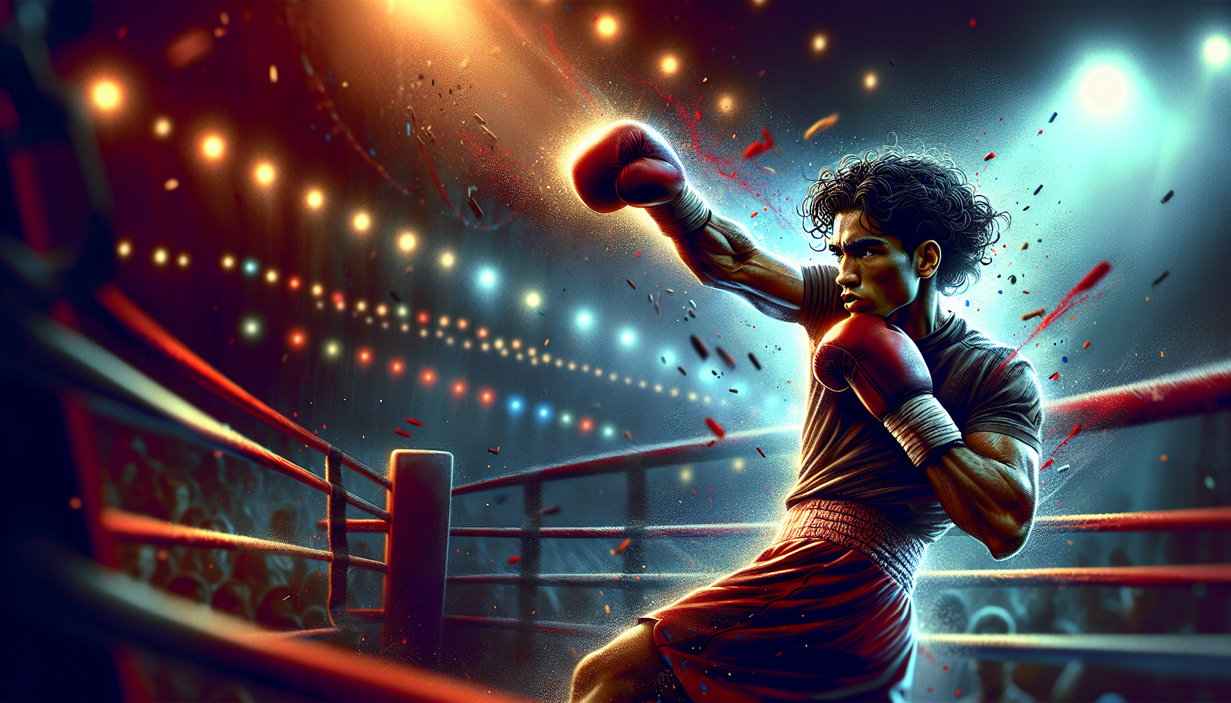 Illustration of a boxer throwing a punch in the ring with dynamic lighting and splatter effects, suggesting intensity and action.