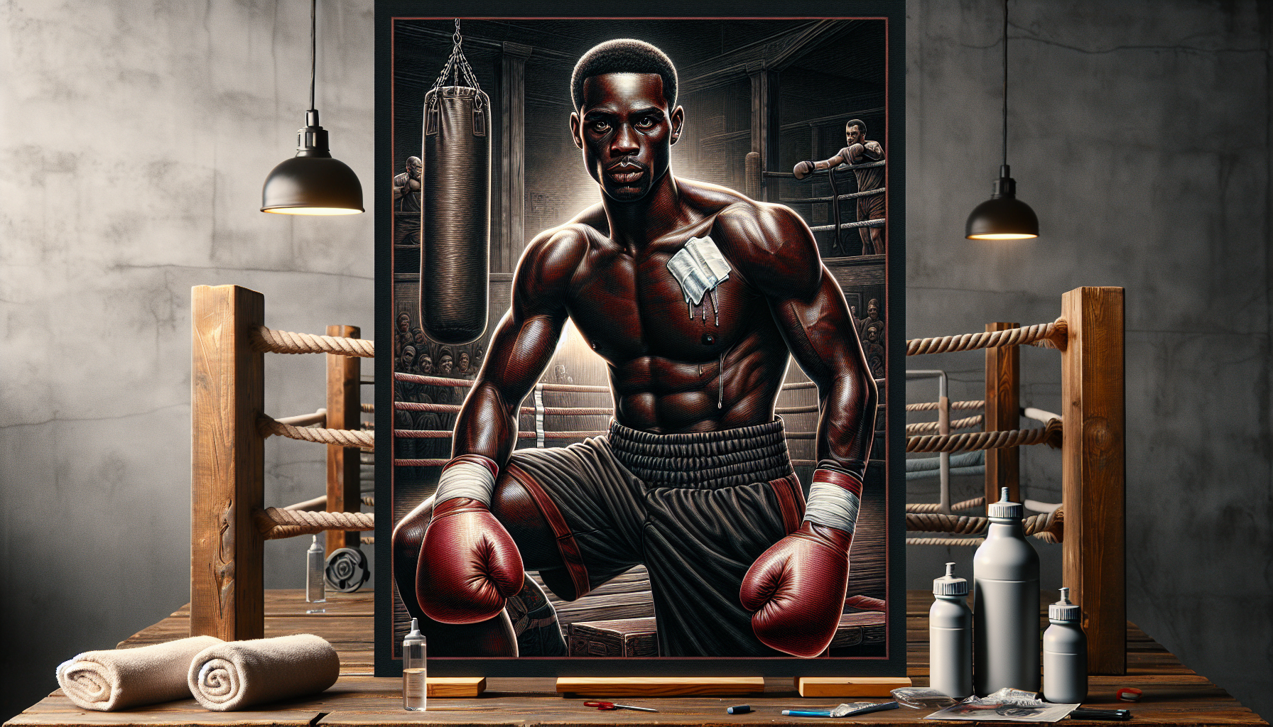 Artistic illustration of a muscular boxer leaning against the ropes of a boxing ring, displayed on a canvas surrounded by painting supplies.