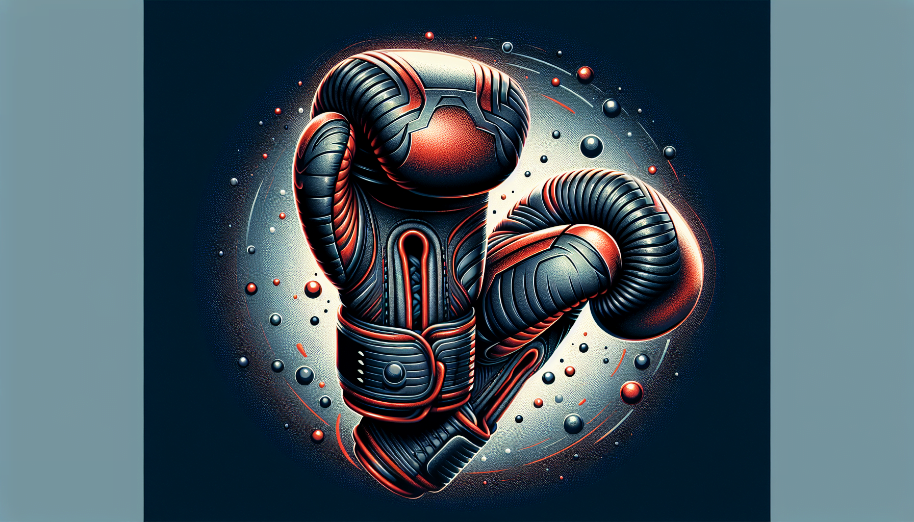 Abstract digital artwork featuring a stylized, metallic figure resembling a humanoid form with prominent curves and red highlights, set against a dark background with subtle circular patterns and floating red dots.