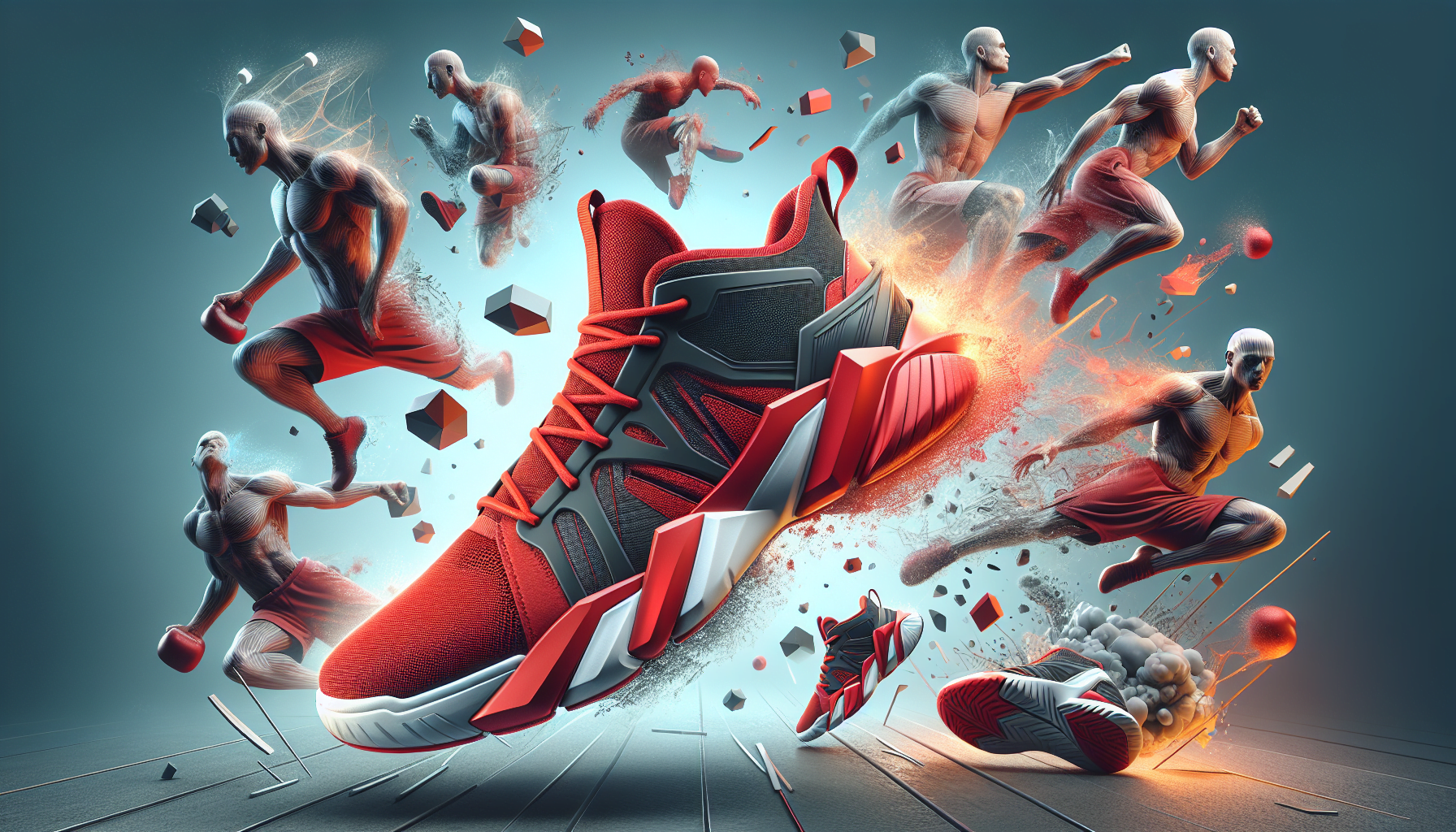 Illustration of a red sports shoe with dynamic figures in various poses surrounding it, suggesting movement and athleticism, against a cool-toned background.