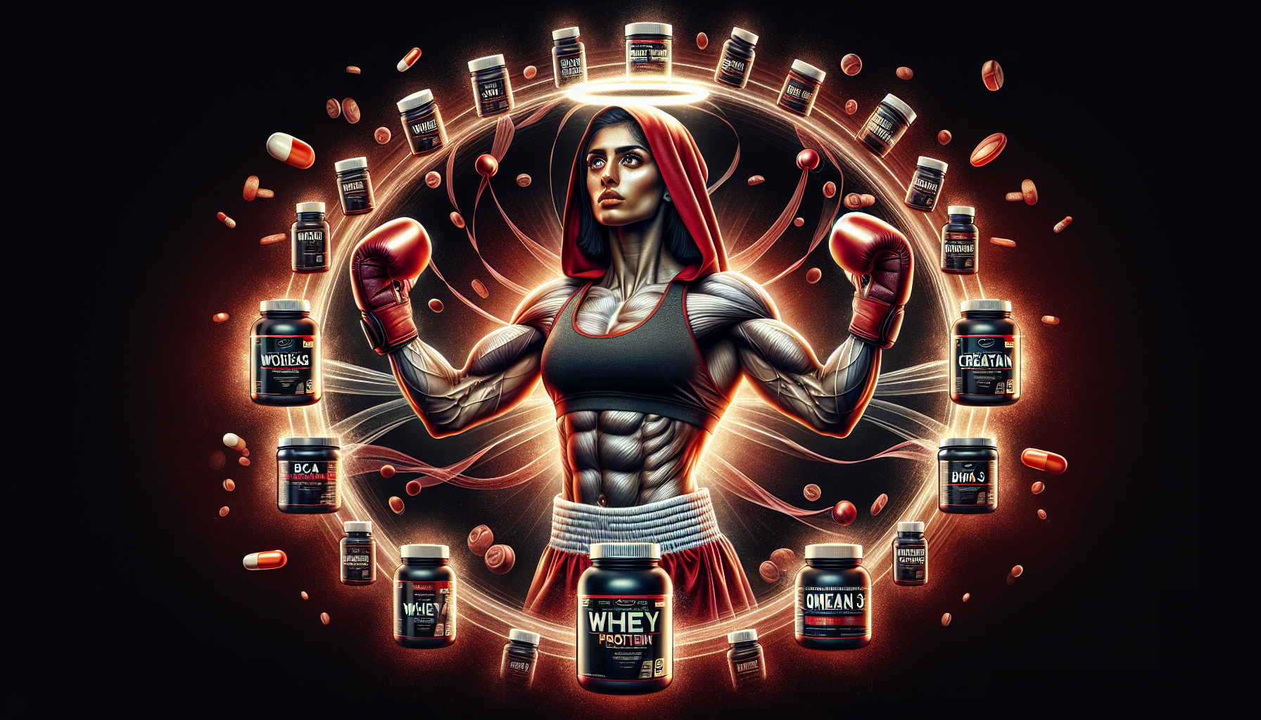 Illustration of a muscular person surrounded by an array of dietary supplements and fitness products, with an energetic aura.