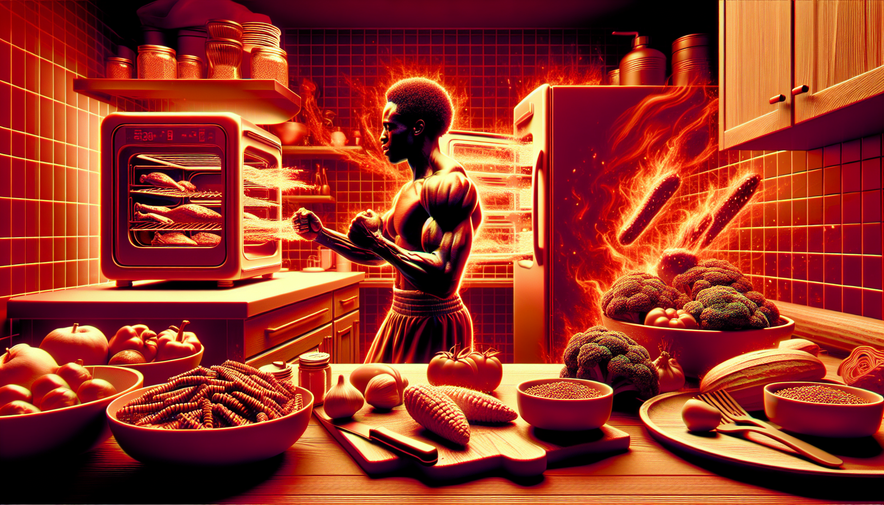 A stylized orange-hued kitchen with a muscular person cooking, surrounded by various foods and kitchen appliances, with a fiery glow emanating from the fridge and oven.