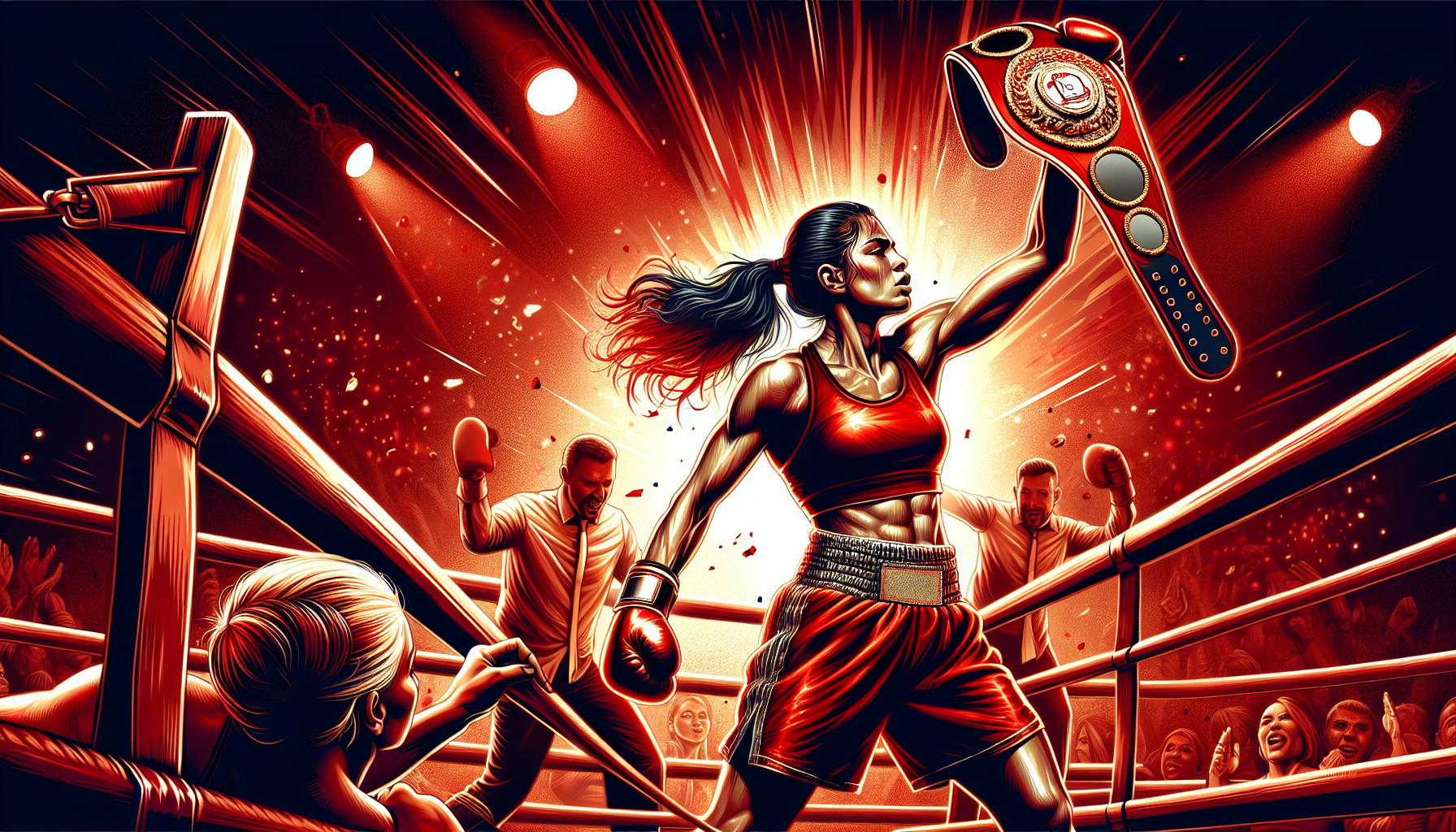 Illustration of a triumphant female boxer raising a championship belt inside a boxing ring, with an excited crowd and a referee in the background under dramatic lighting.