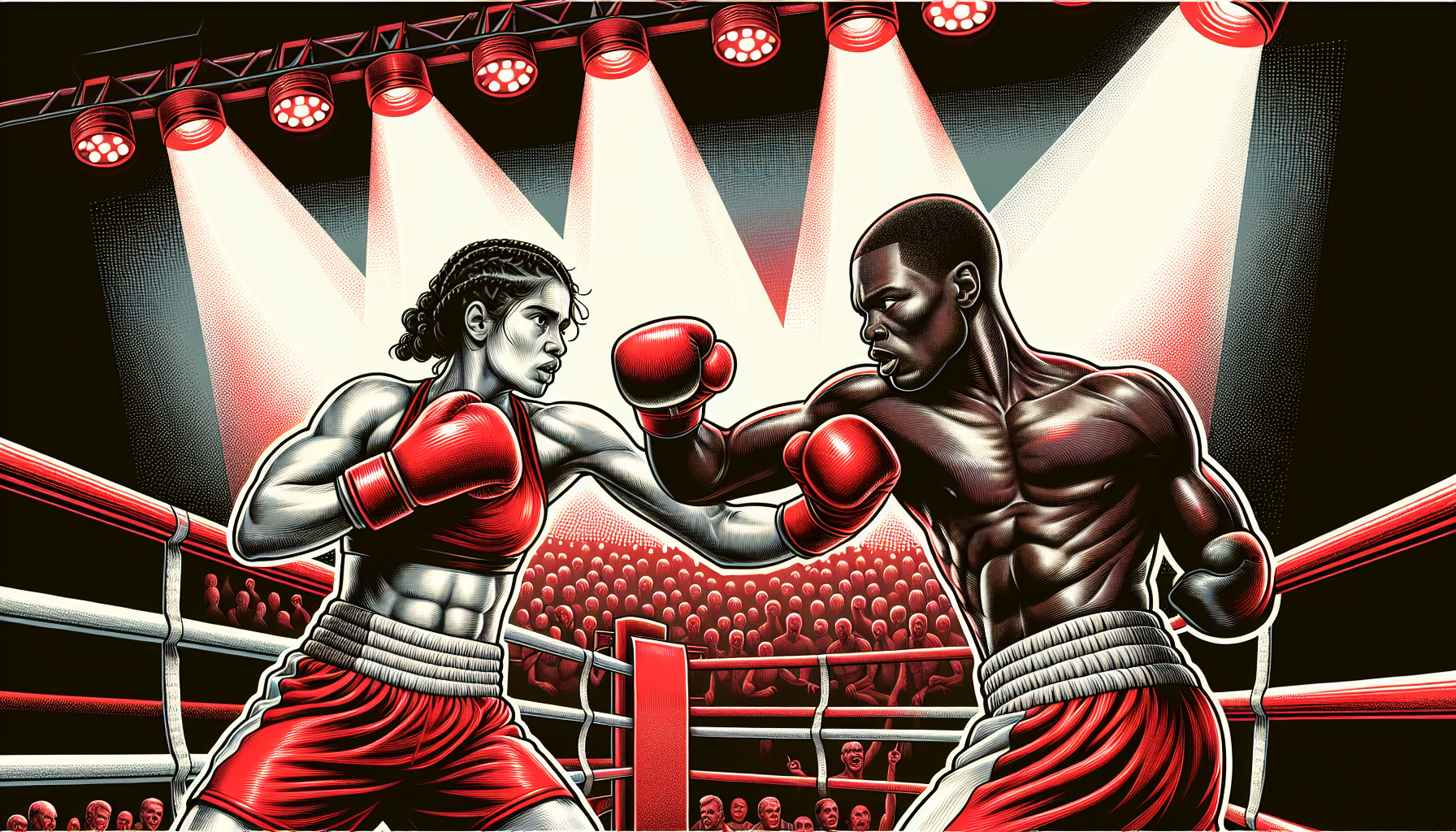 Illustration of two boxers in a ring, facing off under bright lights with an audience in the background.