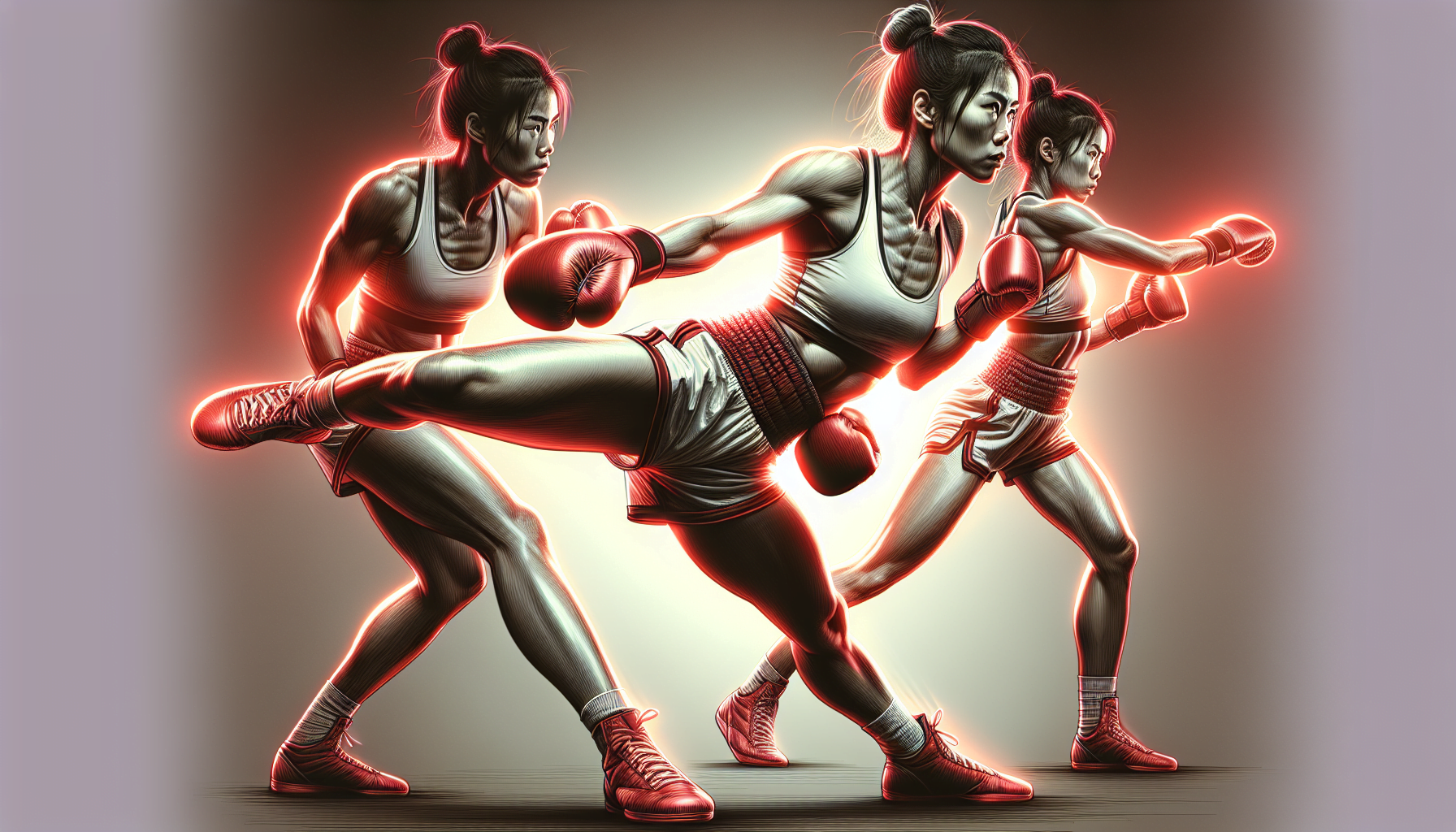 Three stylized female figures in athletic wear boxing and kicking, with a dynamic neon glow effect.