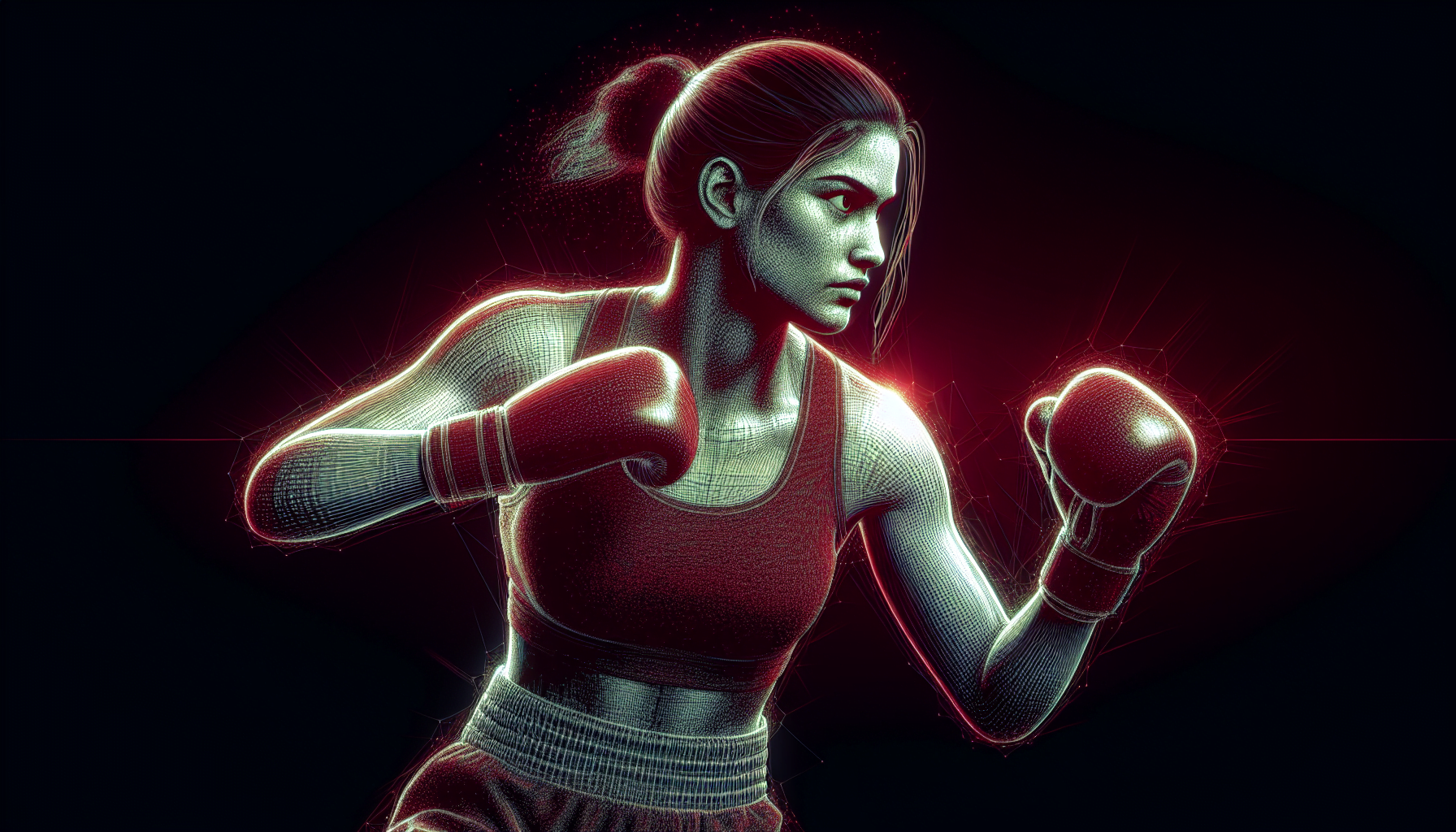 Digital artwork of a woman in a boxing stance with a neon outline against a dark background.