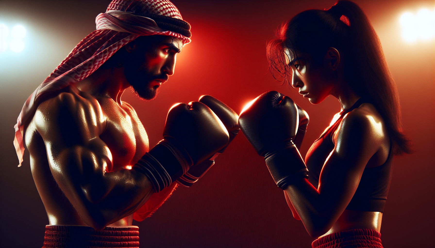 Two boxers facing each other in a confrontational stance, with dramatic lighting highlighting their forms.