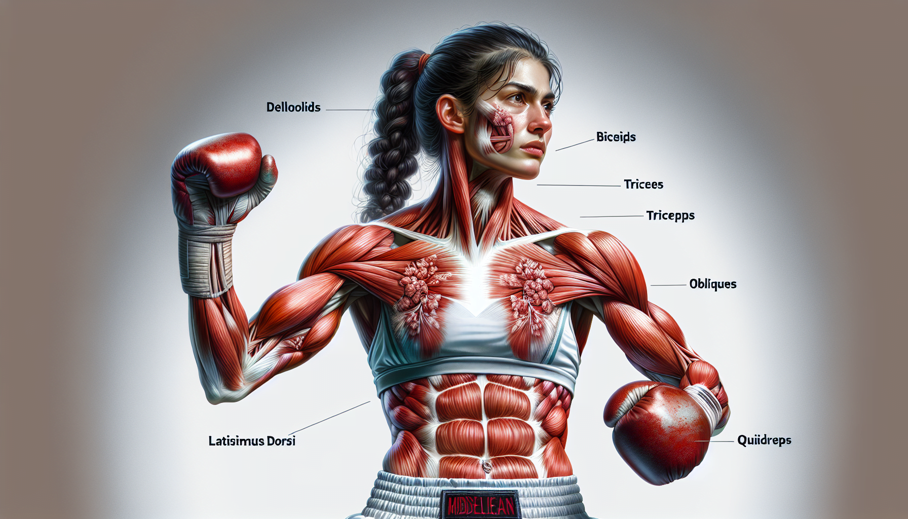 Illustration of a female boxer with muscles labeled, including biceps, triceps, deltoids, latissimus dorsi, obliques, and quadriceps.