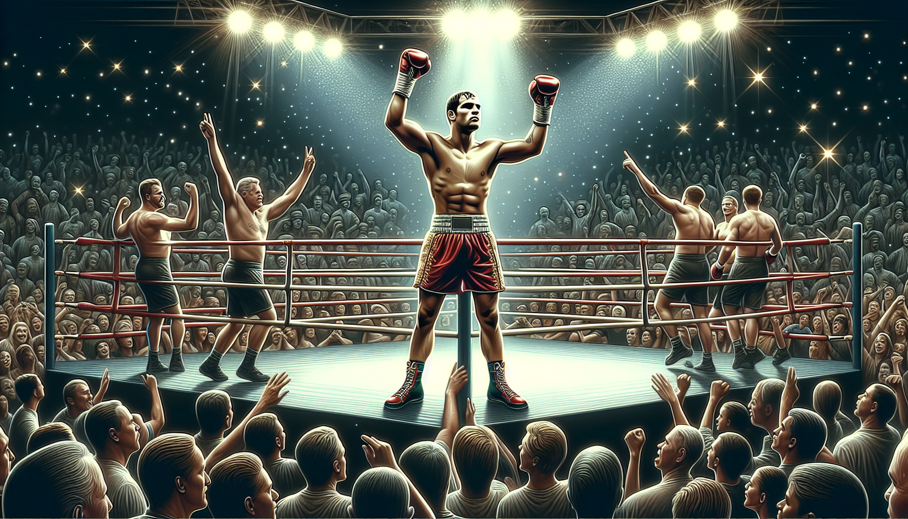 Illustration of a victorious boxer raising his gloves in a ring, surrounded by an excited crowd and a referee.