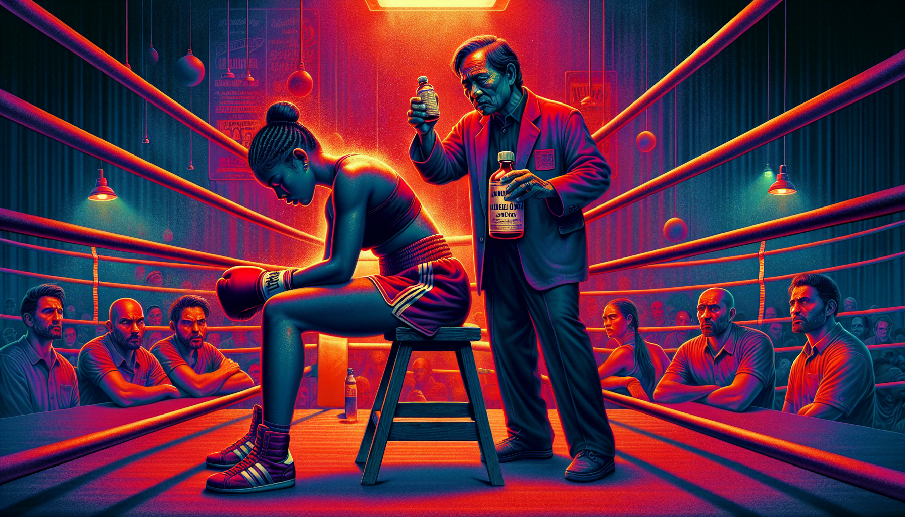 Illustration of a female boxer sitting in the corner of a boxing ring with a male coach standing beside her, surrounded by an attentive audience under pink and blue lighting.