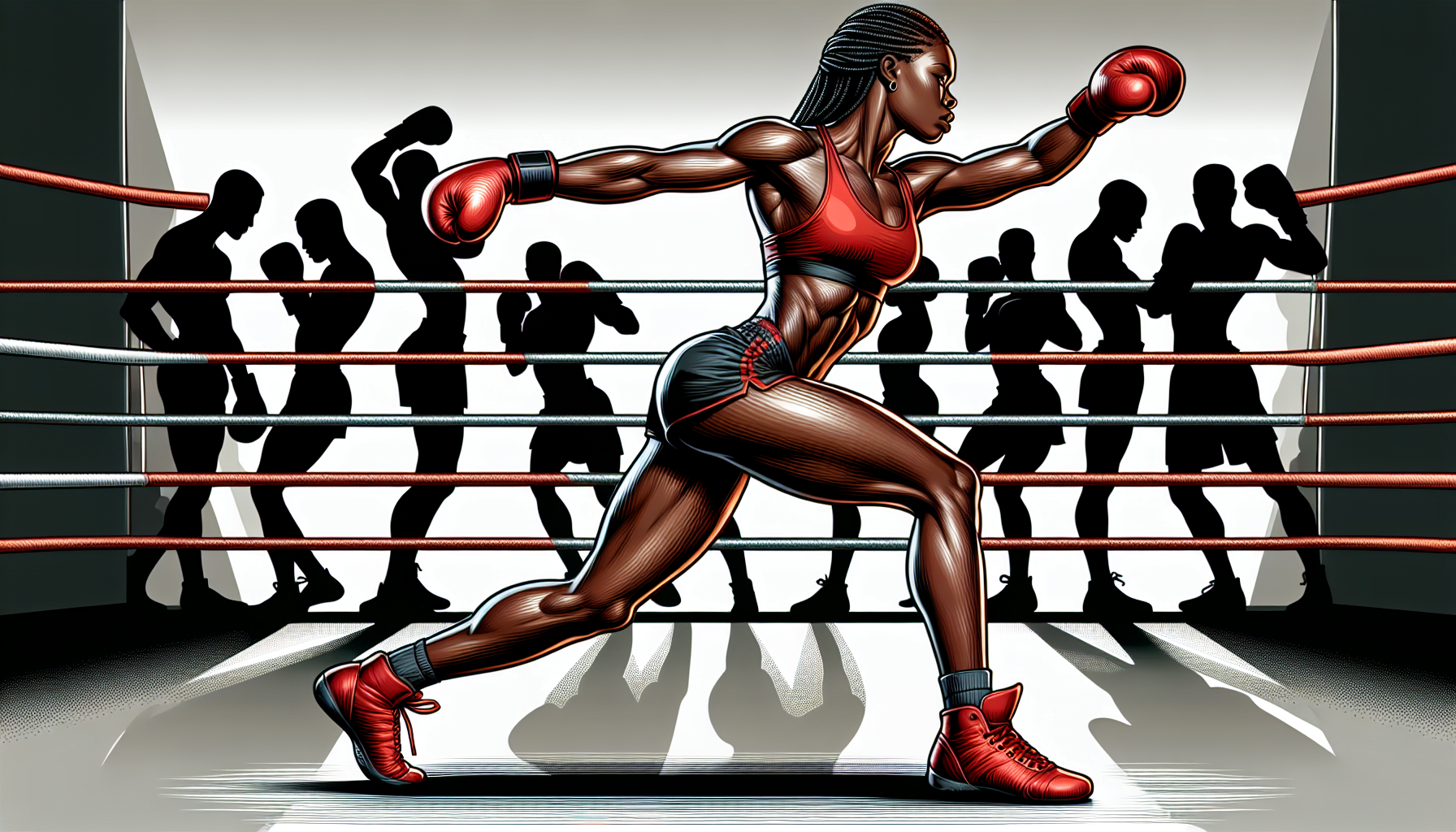 Illustration of a female boxer in the ring, with a focused expression and in a dynamic pose, ready to fight, with silhouetted spectators in the background.