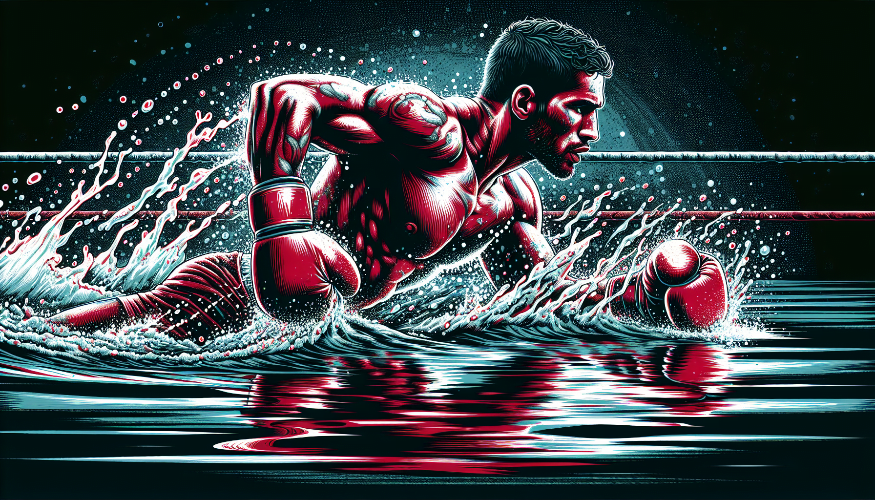 Illustration of a muscular swimmer in mid-stroke, gliding through water with splashes around, depicted in a dynamic, graphic style with a red and blue color palette.