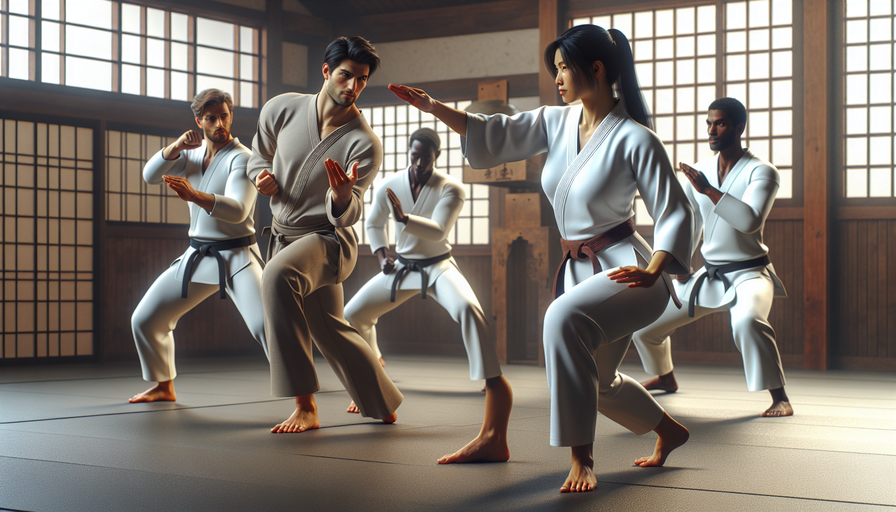 A group of martial artists practicing in a dojo with traditional attire.