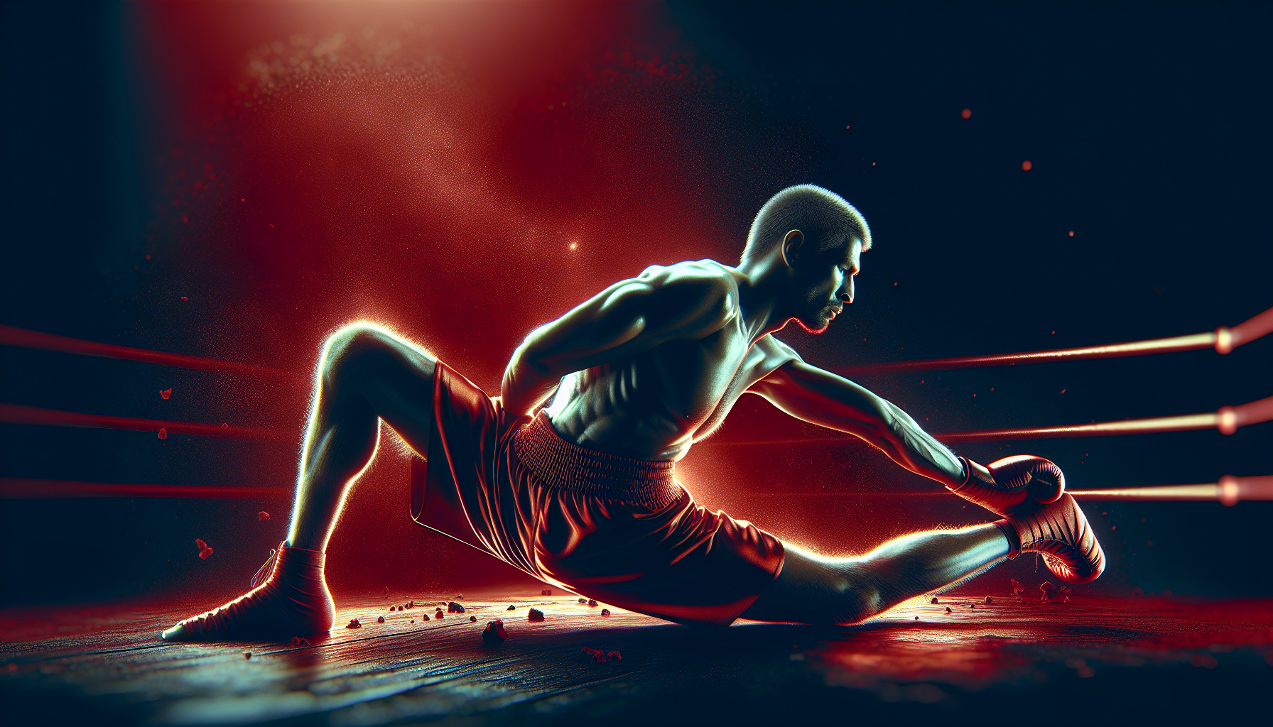 A digital artwork of a boxer in a ring, touching the ground, with a dramatic red and blue lighting effect.